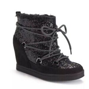 Juicy Couture Mareen Black Glitter Lace Up Wedge Bootie Size 7.5 EUC Y2K